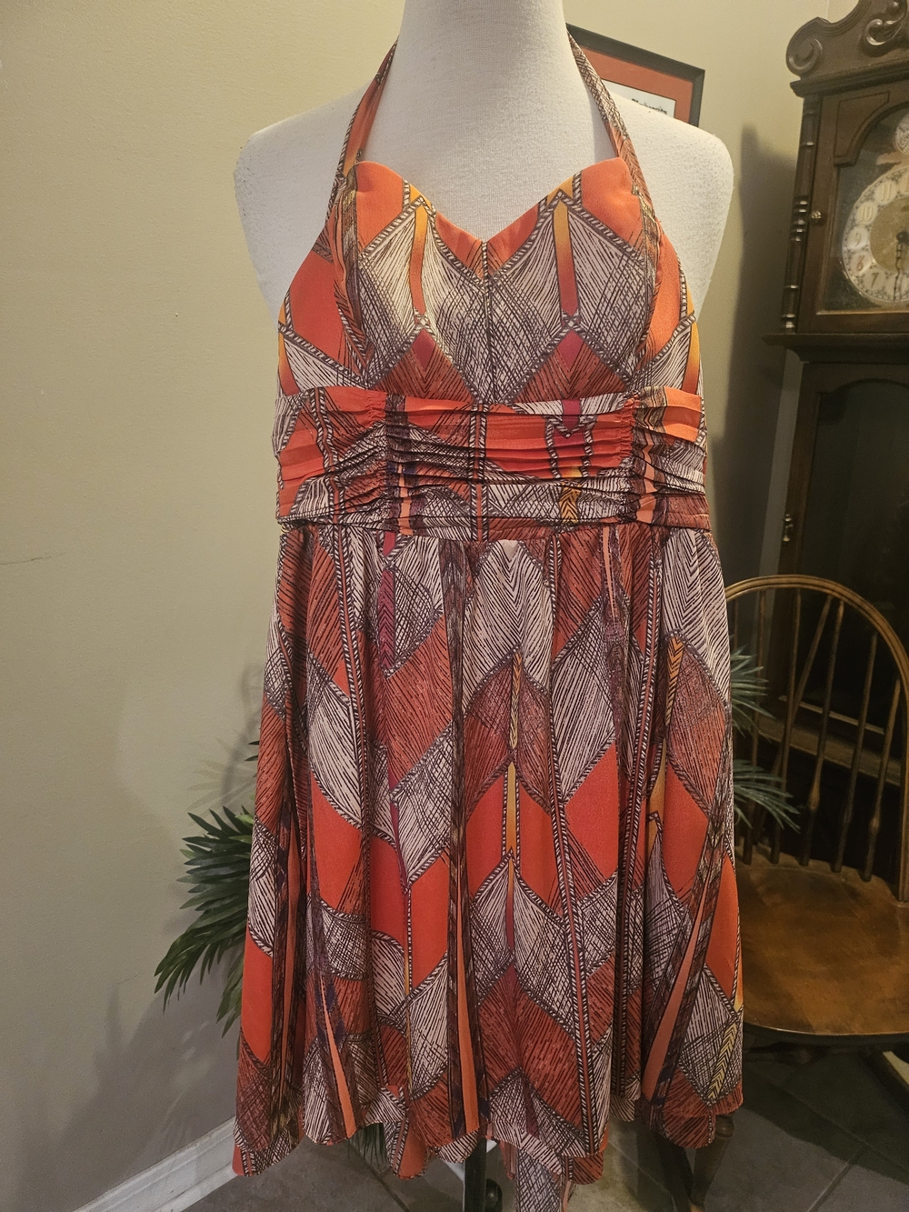 Guess Orange Halter Dress with Geometric Feather Print